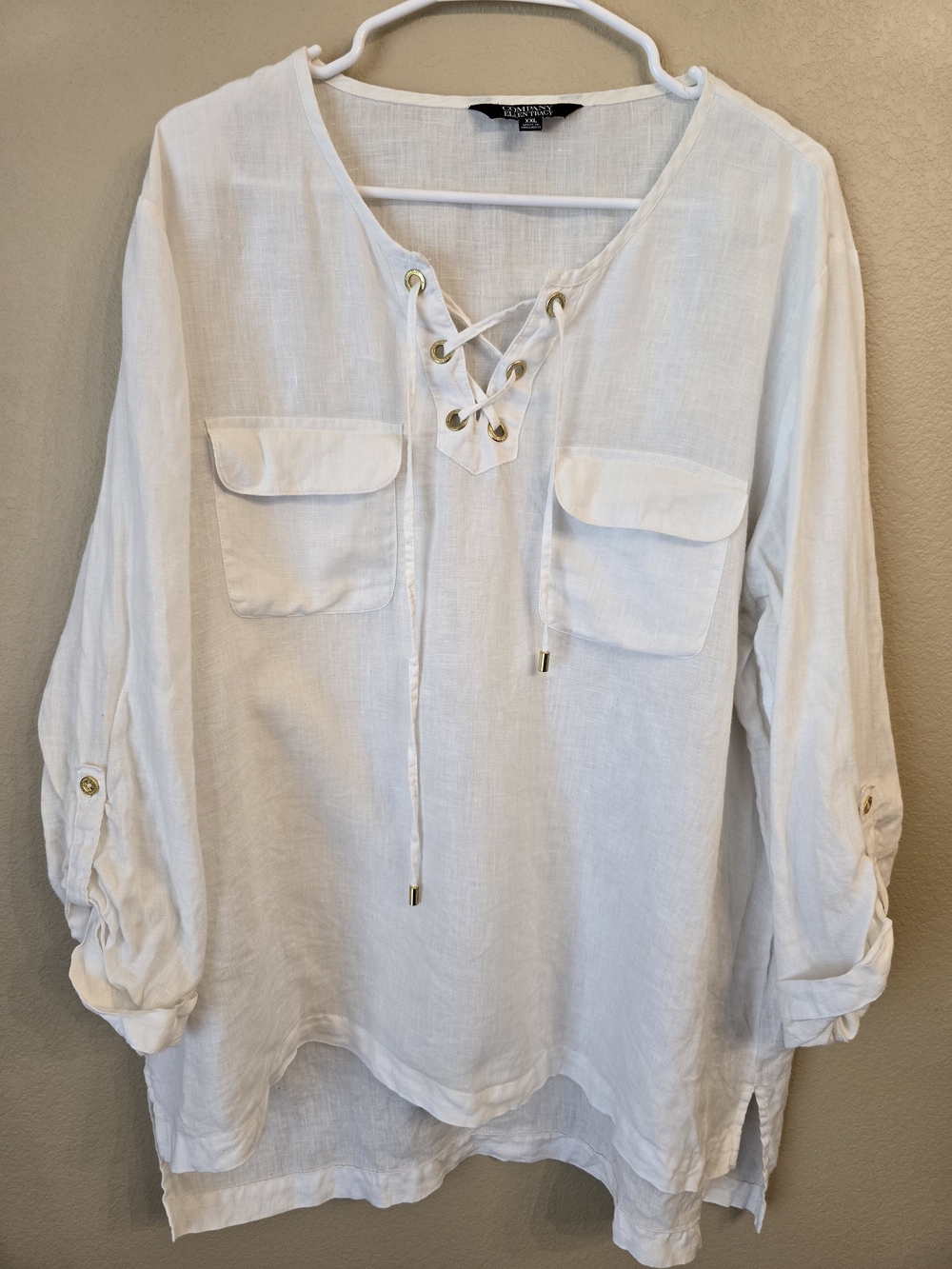 Ellen Tracey Linen Plus Size XXL White Lace-Up High Low Coastal Tunic Top